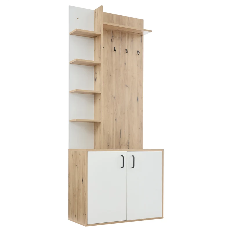 Vestiaire à l'entrée effet bois et blanc rangement étagères et porte-manteau FERNSTONE