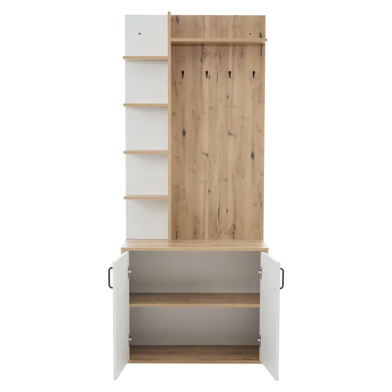 Vestiaire à l'entrée effet bois et blanc rangement étagères et porte-manteau FERNSTONE