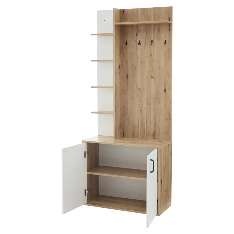 Vestiaire à l'entrée effet bois et blanc rangement étagères et porte-manteau FERNSTONE