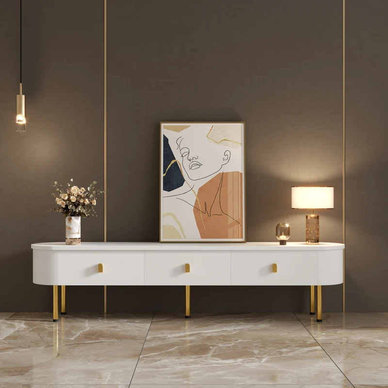 Meuble TV blanc ovale 3 tiroirs poignées et pieds dorés 174*35cm TENQOIN