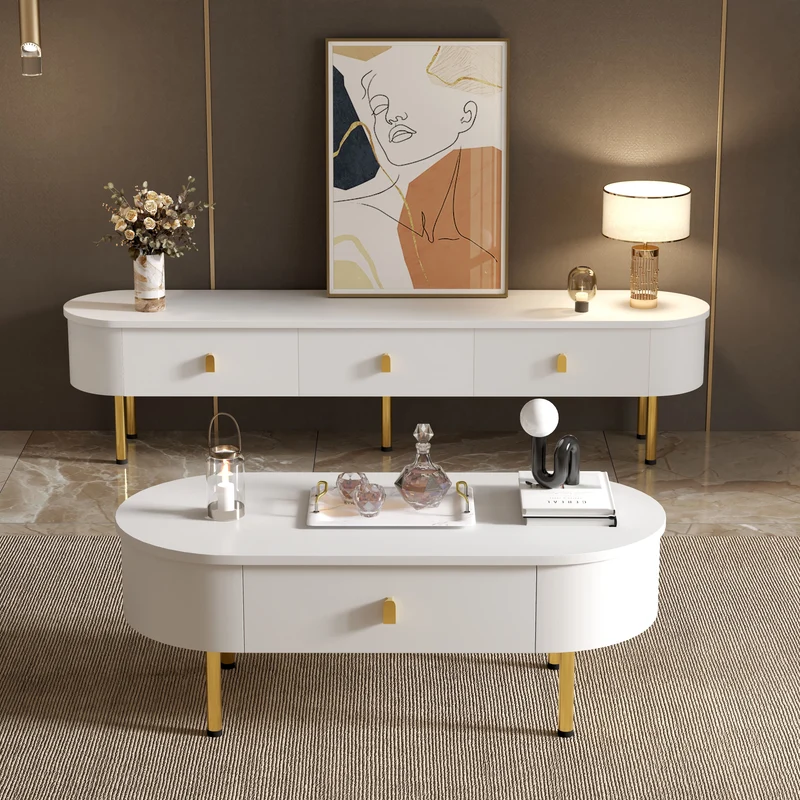 Meuble TV blanc ovale 3 tiroirs poignées et pieds dorés 174*35cm TENQOIN