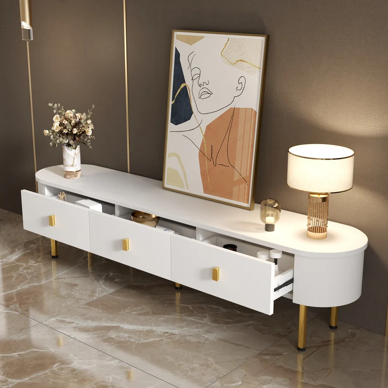 Meuble TV blanc ovale 3 tiroirs poignées et pieds dorés 174*35cm TENQOIN