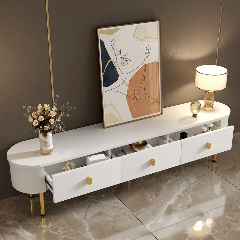 Meuble TV blanc ovale 3 tiroirs poignées et pieds dorés 174*35cm TENQOIN