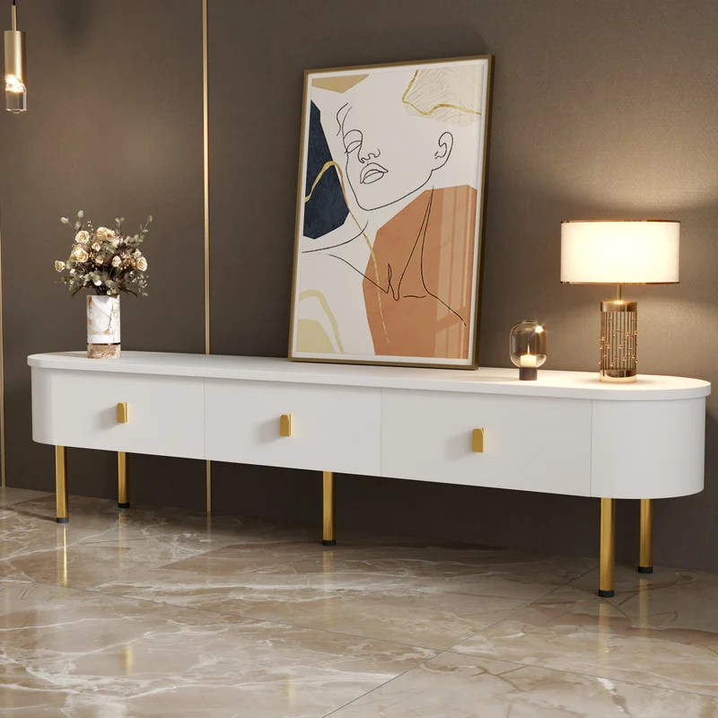 Meuble TV blanc ovale 3 tiroirs poignées et pieds dorés 174*35cm TENQOIN