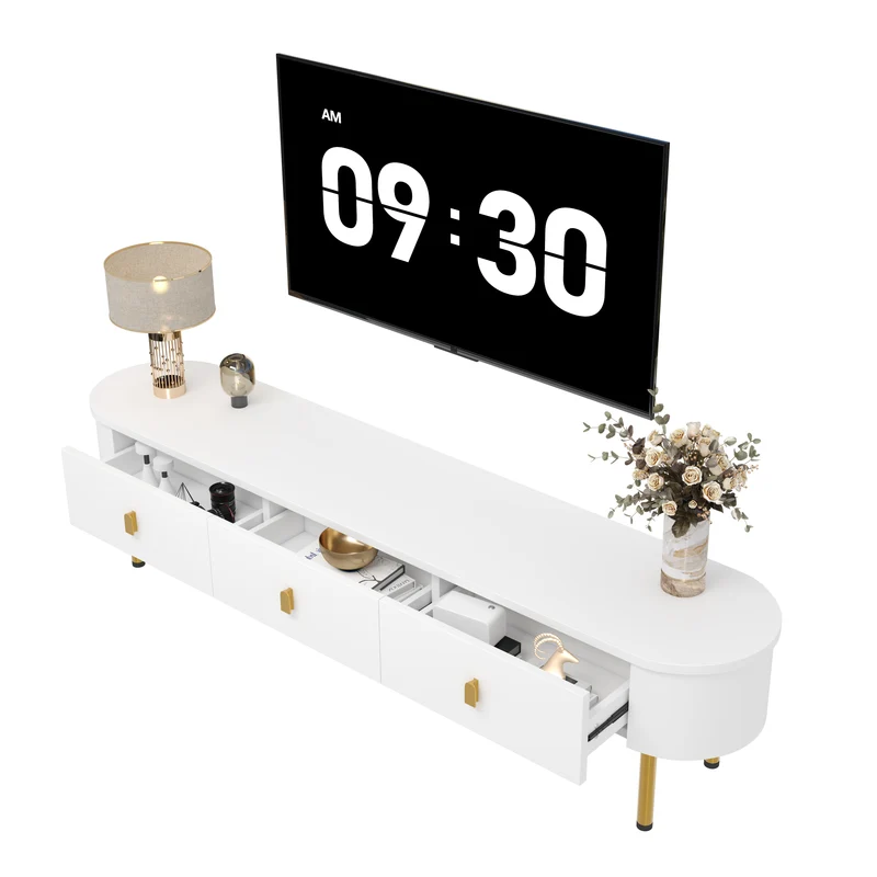 Meuble TV blanc ovale 3 tiroirs poignées et pieds dorés 174*35cm TENQOIN
