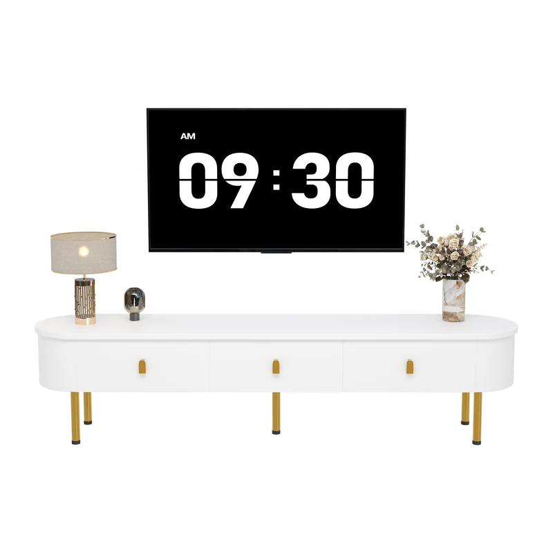 Meuble TV blanc ovale 3 tiroirs poignées et pieds dorés 174*35cm TENQOIN