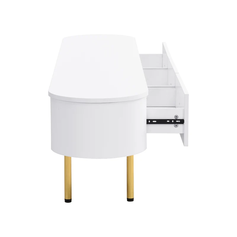 Meuble TV blanc ovale 3 tiroirs poignées et pieds dorés 174*35cm TENQOIN