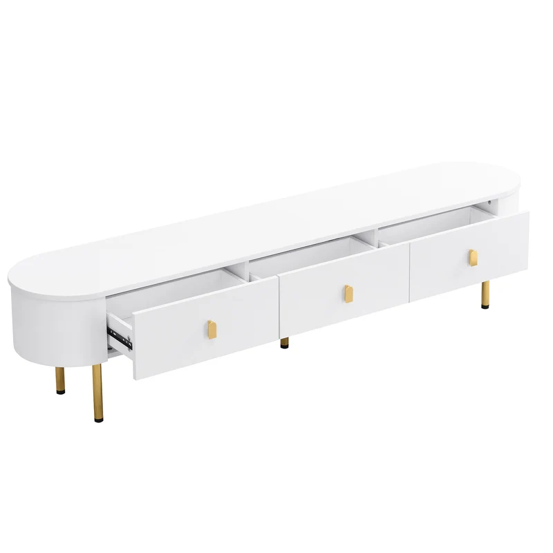 Meuble TV blanc ovale 3 tiroirs poignées et pieds dorés 174*35cm TENQOIN