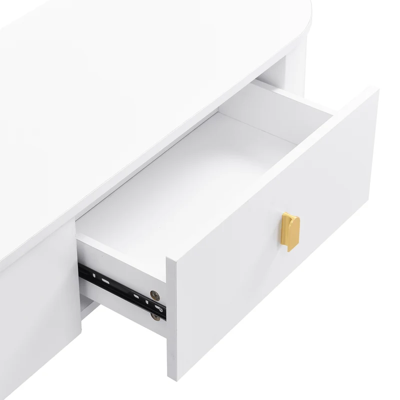 Meuble TV blanc ovale 3 tiroirs poignées et pieds dorés 174*35cm TENQOIN
