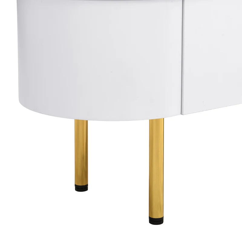 Meuble TV blanc ovale 3 tiroirs poignées et pieds dorés 174*35cm TENQOIN