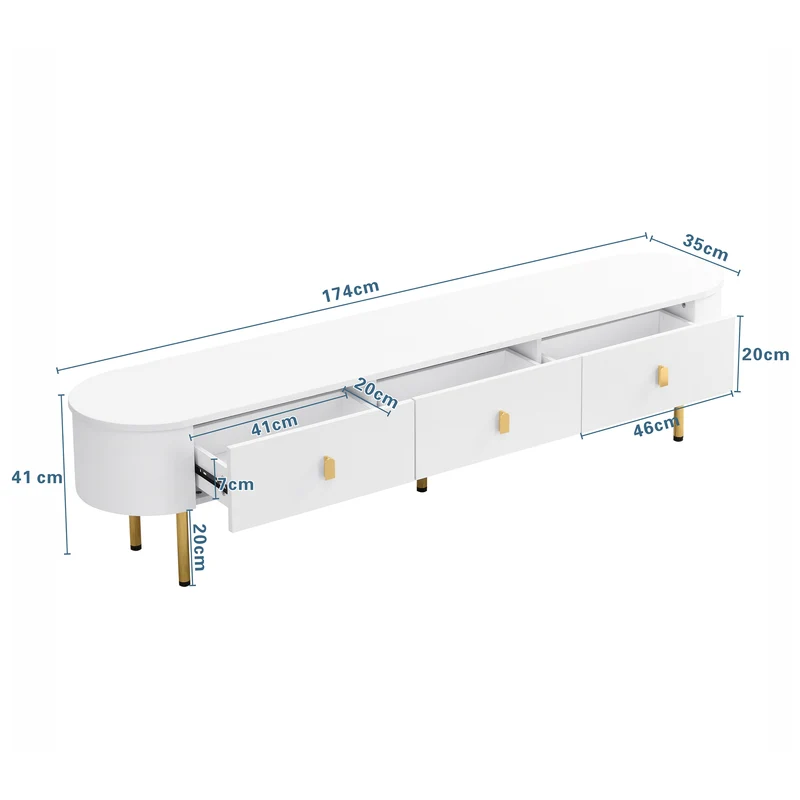 Meuble TV blanc ovale 3 tiroirs poignées et pieds dorés 174*35cm TENQOIN