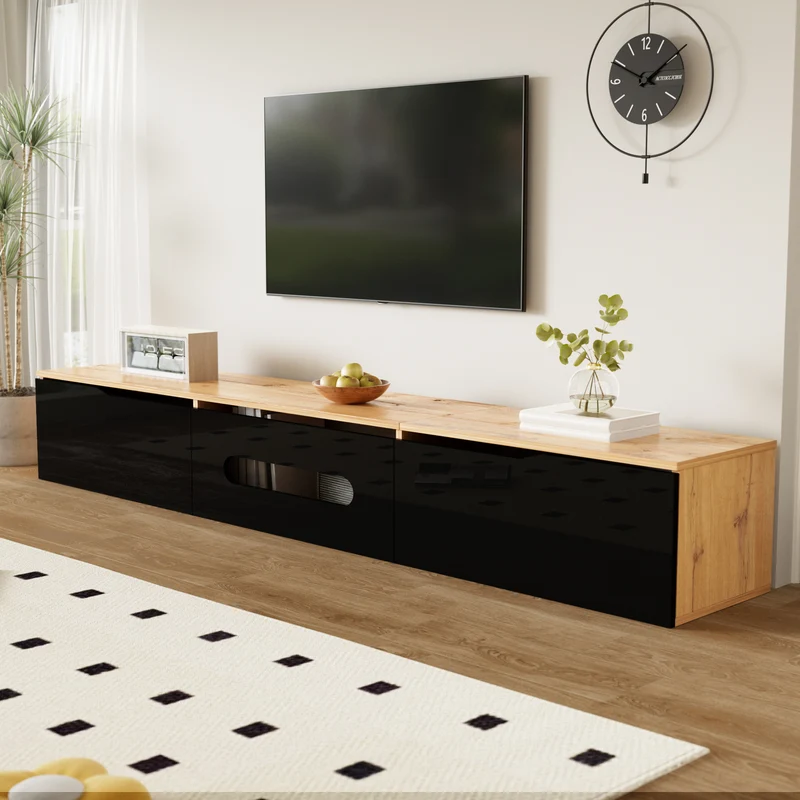 Meuble TV suspendu effet bois et portes laqués noir brillante avec éclairage LED ZAXAIKS