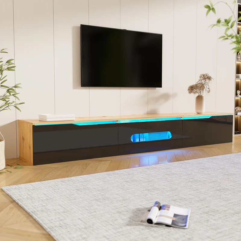 Meuble TV suspendu effet bois et portes laqués noir brillante avec éclairage LED ZAXAIKS
