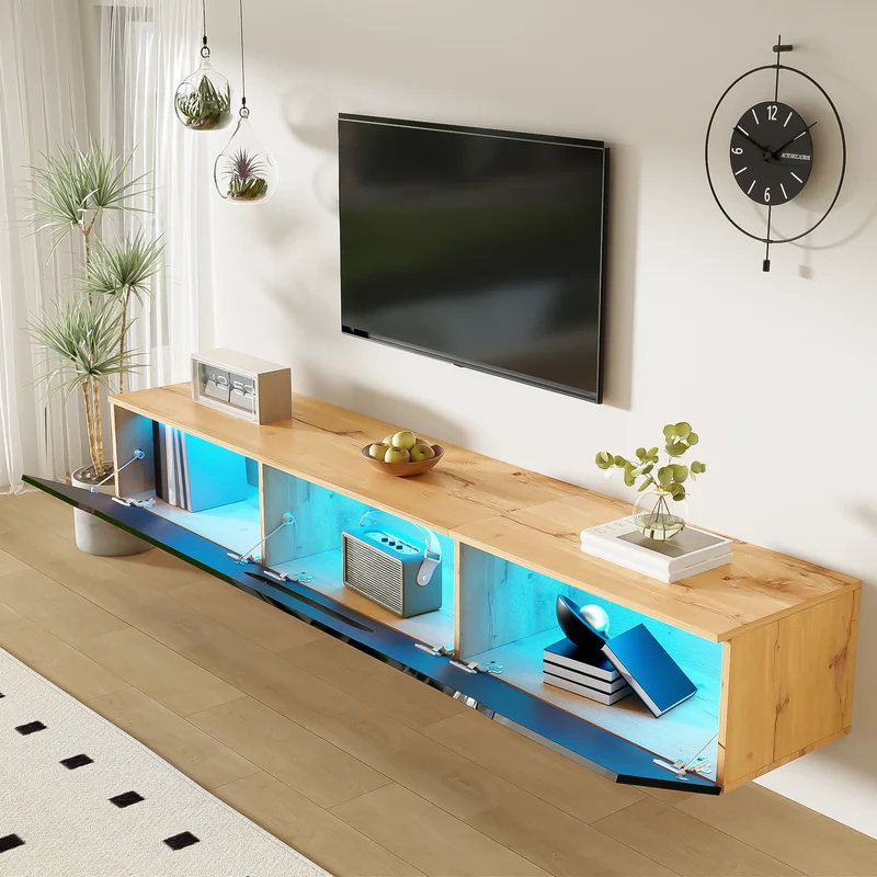 Meuble TV suspendu effet bois et portes laqués noir brillante avec éclairage LED ZAXAIKS