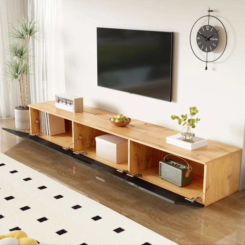 Meuble TV suspendu effet bois et portes laqués noir brillante avec éclairage LED ZAXAIKS