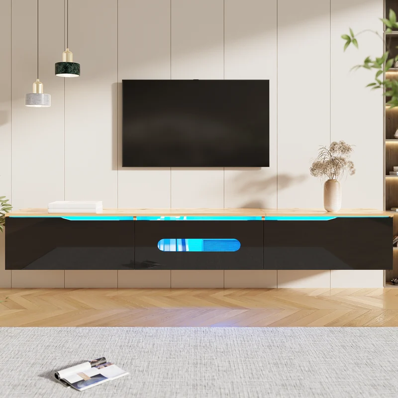 Meuble TV suspendu effet bois et portes laqués noir brillante avec éclairage LED ZAXAIKS