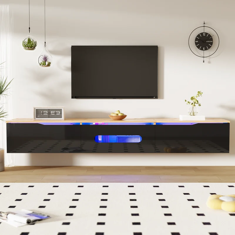 Meuble TV suspendu effet bois et portes laqués noir brillante avec éclairage LED ZAXAIKS