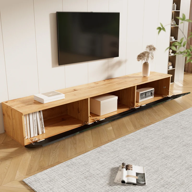 Meuble TV suspendu effet bois et portes laqués noir brillante avec éclairage LED ZAXAIKS
