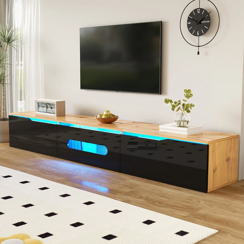 Meuble TV suspendu effet bois et portes laqués noir brillante avec éclairage LED ZAXAIKS