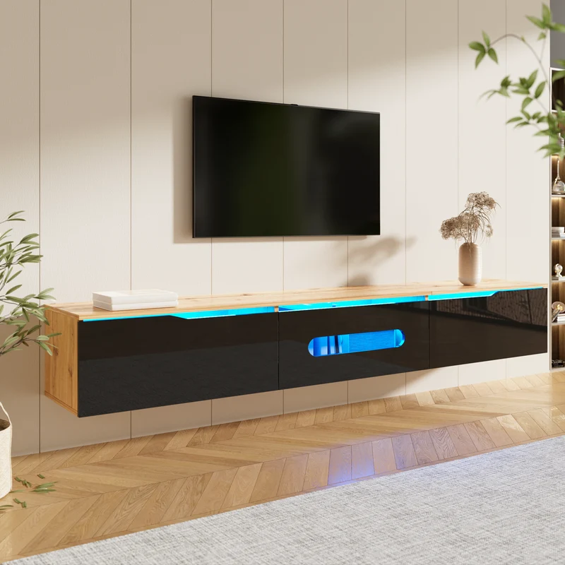 Meuble TV suspendu effet bois et portes laqués noir brillante avec éclairage LED ZAXAIKS