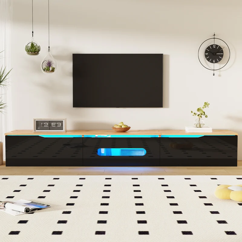 Meuble TV suspendu effet bois et portes laqués noir brillante avec éclairage LED ZAXAIKS