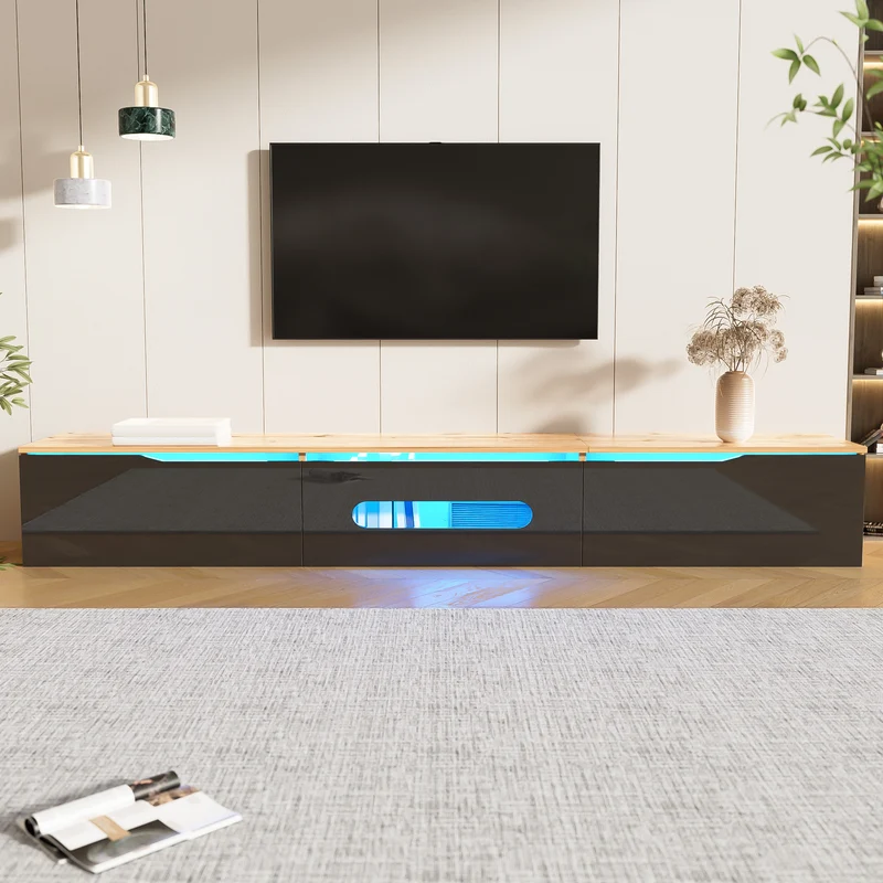 Meuble TV suspendu effet bois et portes laqués noir brillante avec éclairage LED ZAXAIKS
