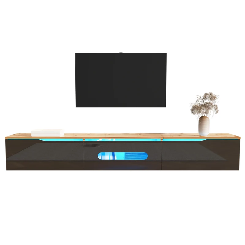 Meuble TV suspendu effet bois et portes laqués noir brillante avec éclairage LED ZAXAIKS