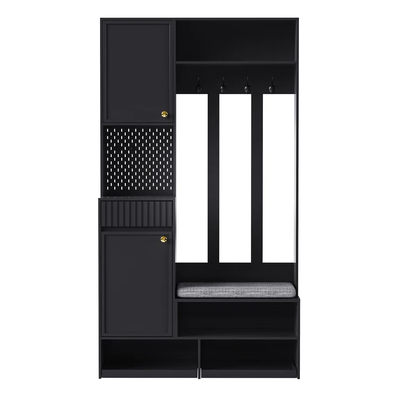 Vestiaire à l'entrée noir multifonction avec banc et rangements 100×180×35 cm BLISSUM