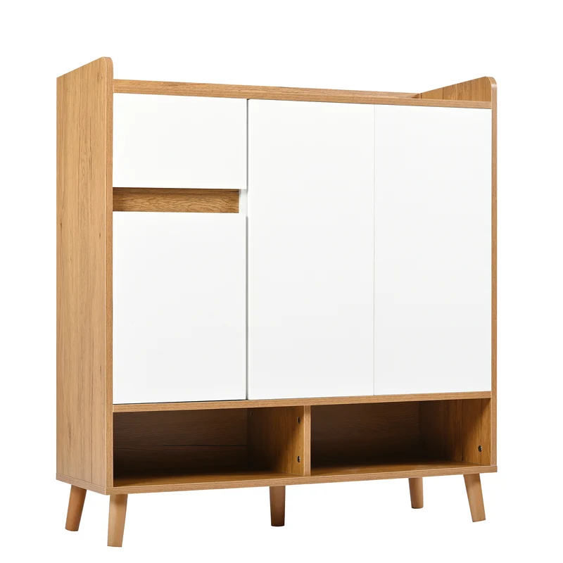 Meuble à chaussures blanc et effet bois 3 portes 1 tiroir 90x35x99 cm LUNALN