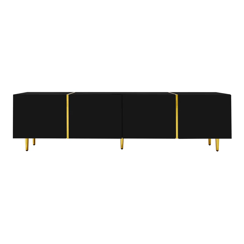 Meuble TV noir laqué 4 portes avec accents dorés 170*35*46cm QAHRELS