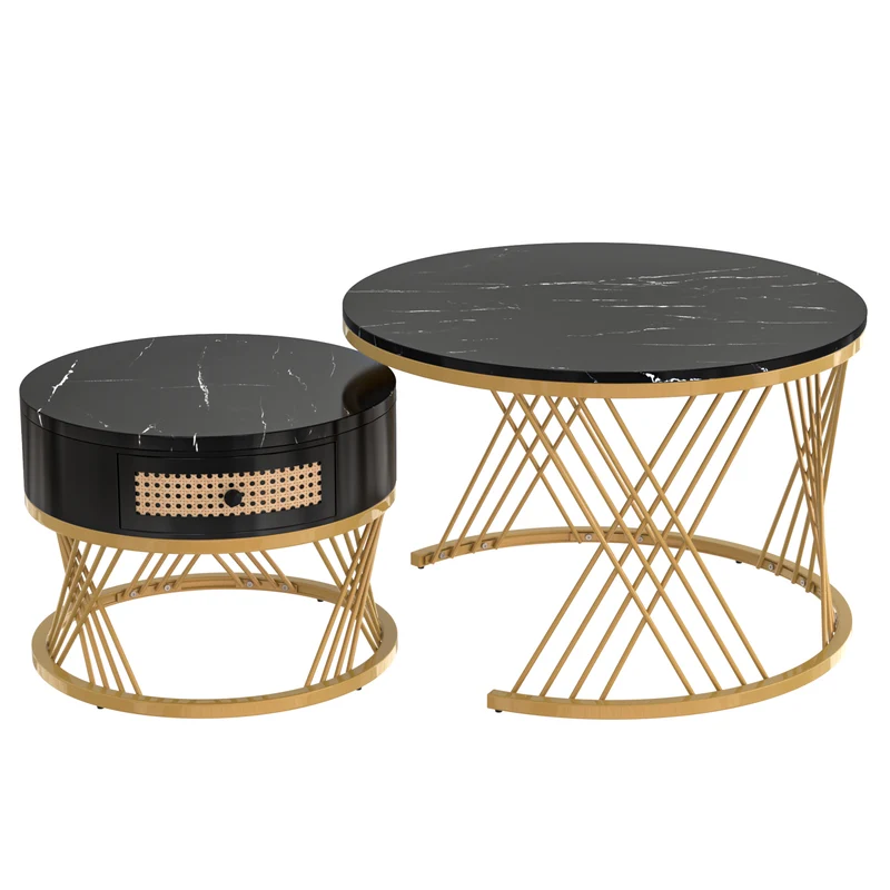 Ensemble de 2 tables basses gigognes rondes effet marbre noir et rotin EGNIERS BLACK