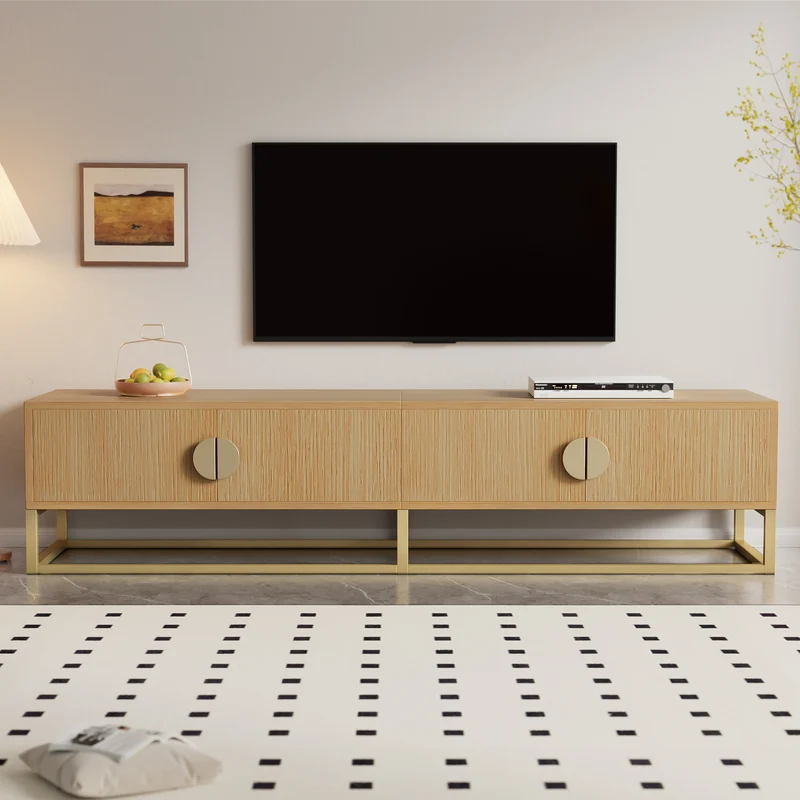 Meuble TV 180 cm avec veinure de bois – meuble de salle à manger moderne, 4 portes, poignées semi-circulaires SCAUNAID