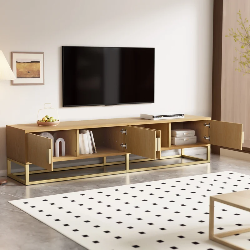 Meuble TV 180 cm avec veinure de bois – meuble de salle à manger moderne, 4 portes, poignées semi-circulaires SCAUNAID
