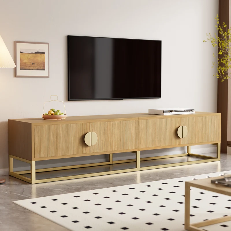 Meuble TV 180 cm avec veinure de bois – meuble de salle à manger moderne, 4 portes, poignées semi-circulaires SCAUNAID