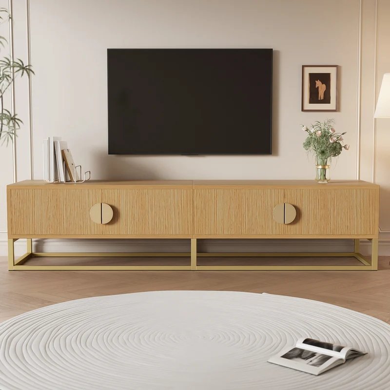 Meuble TV 180 cm avec veinure de bois – meuble de salle à manger moderne, 4 portes, poignées semi-circulaires SCAUNAID