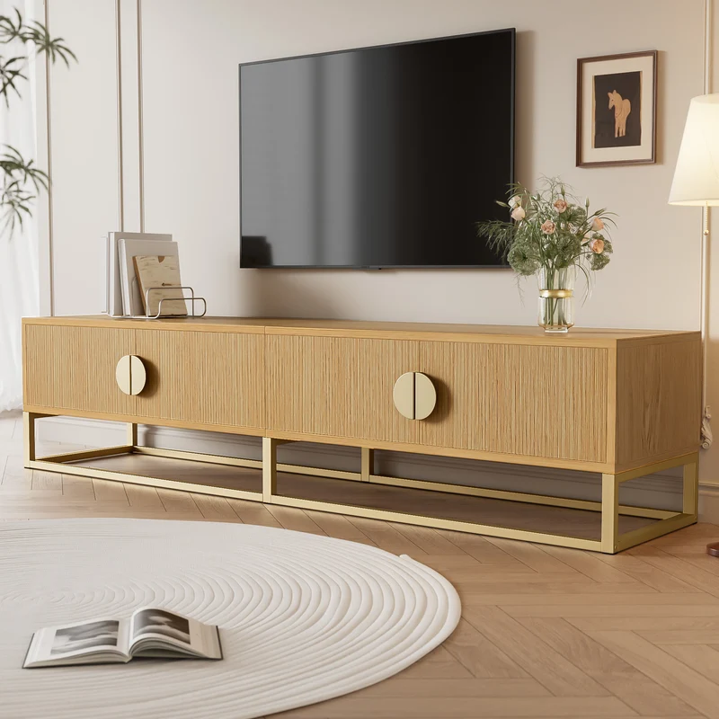 Meuble TV 180 cm avec veinure de bois – meuble de salle à manger moderne, 4 portes, poignées semi-circulaires SCAUNAID