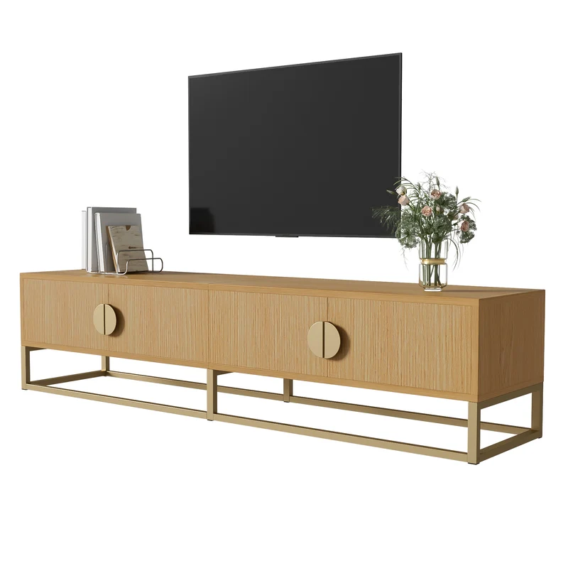 Meuble TV 180 cm avec veinure de bois – meuble de salle à manger moderne, 4 portes, poignées semi-circulaires SCAUNAID