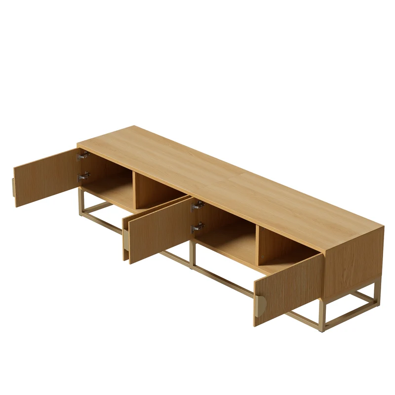 Meuble TV 180 cm avec veinure de bois – meuble de salle à manger moderne, 4 portes, poignées semi-circulaires SCAUNAID