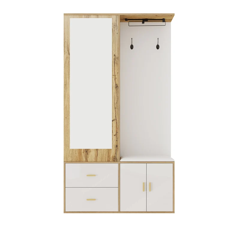Vestiaires à l'entrée effet bois et blanc combiné avec miroir, 2 tiroirs, 2 portes et banc d'assise BAPHRES