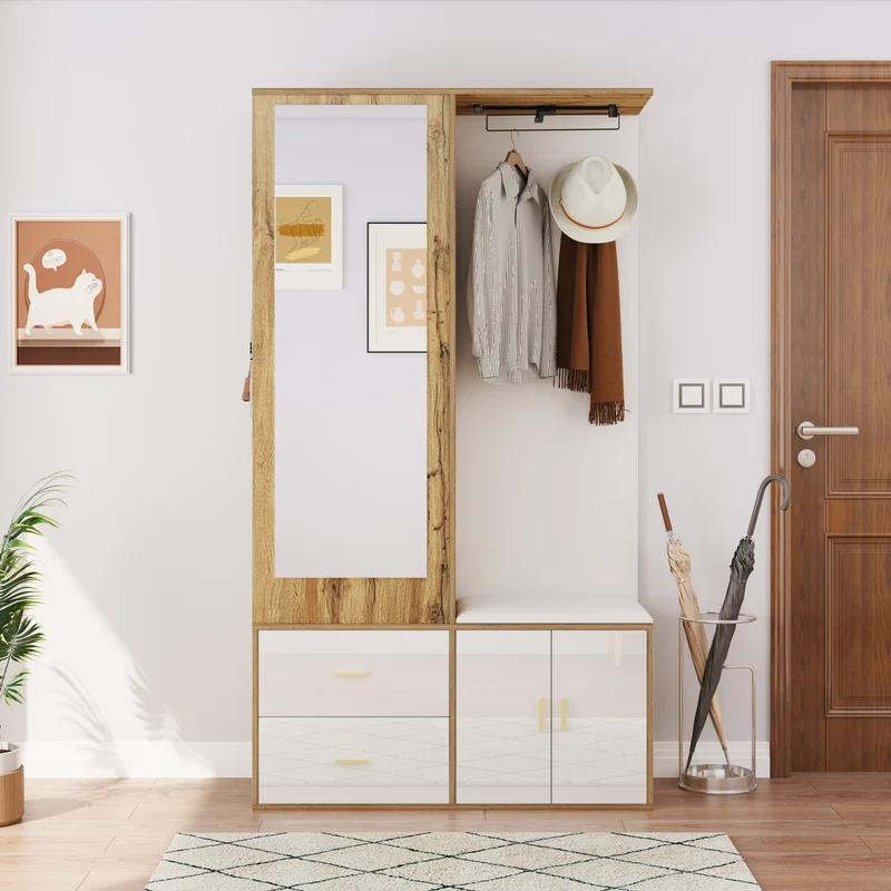 Vestiaires à l'entrée effet bois et blanc combiné avec miroir, 2 tiroirs, 2 portes et banc d'assise BAPHRES