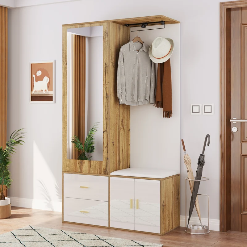 Vestiaires à l'entrée effet bois et blanc combiné avec miroir, 2 tiroirs, 2 portes et banc d'assise BAPHRES