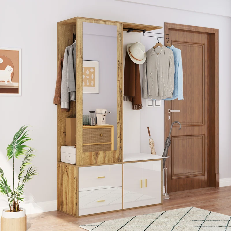 Vestiaires à l'entrée effet bois et blanc combiné avec miroir, 2 tiroirs, 2 portes et banc d'assise BAPHRES