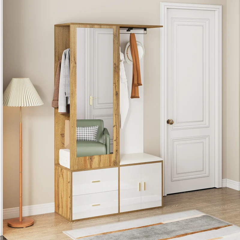 Vestiaires à l'entrée effet bois et blanc combiné avec miroir, 2 tiroirs, 2 portes et banc d'assise BAPHRES