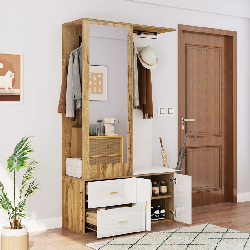 Vestiaires à l'entrée effet bois et blanc combiné avec miroir, 2 tiroirs, 2 portes et banc d'assise BAPHRES
