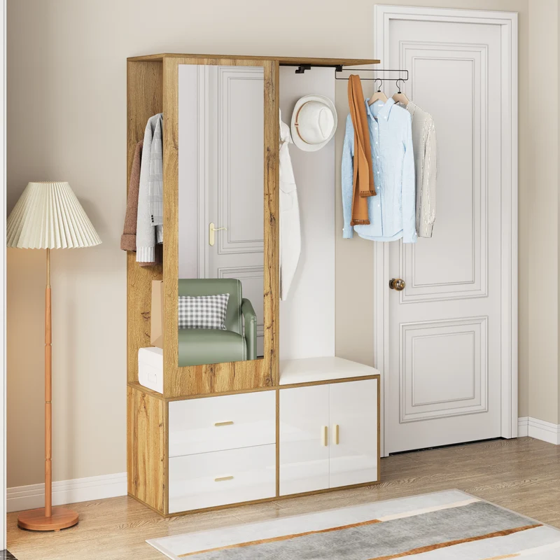 Vestiaires à l'entrée effet bois et blanc combiné avec miroir, 2 tiroirs, 2 portes et banc d'assise BAPHRES
