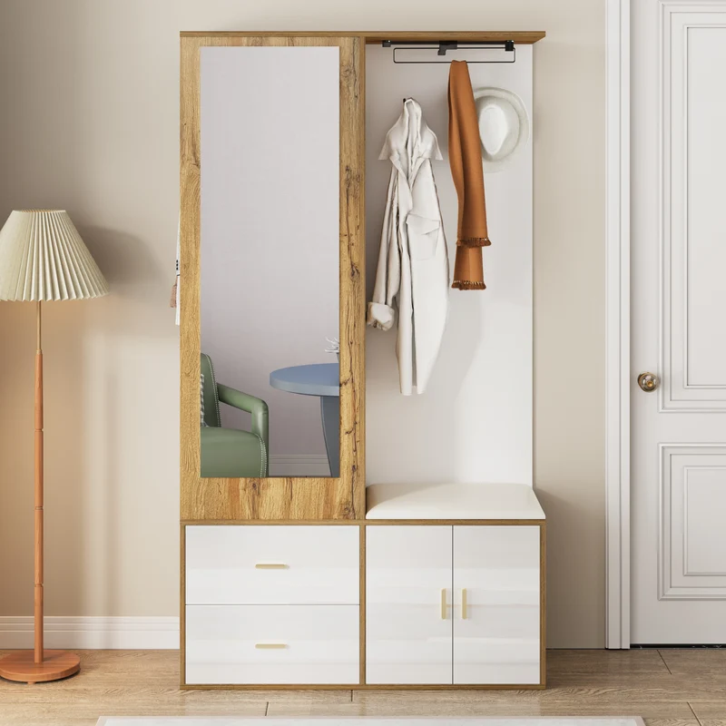Vestiaires à l'entrée effet bois et blanc combiné avec miroir, 2 tiroirs, 2 portes et banc d'assise BAPHRES