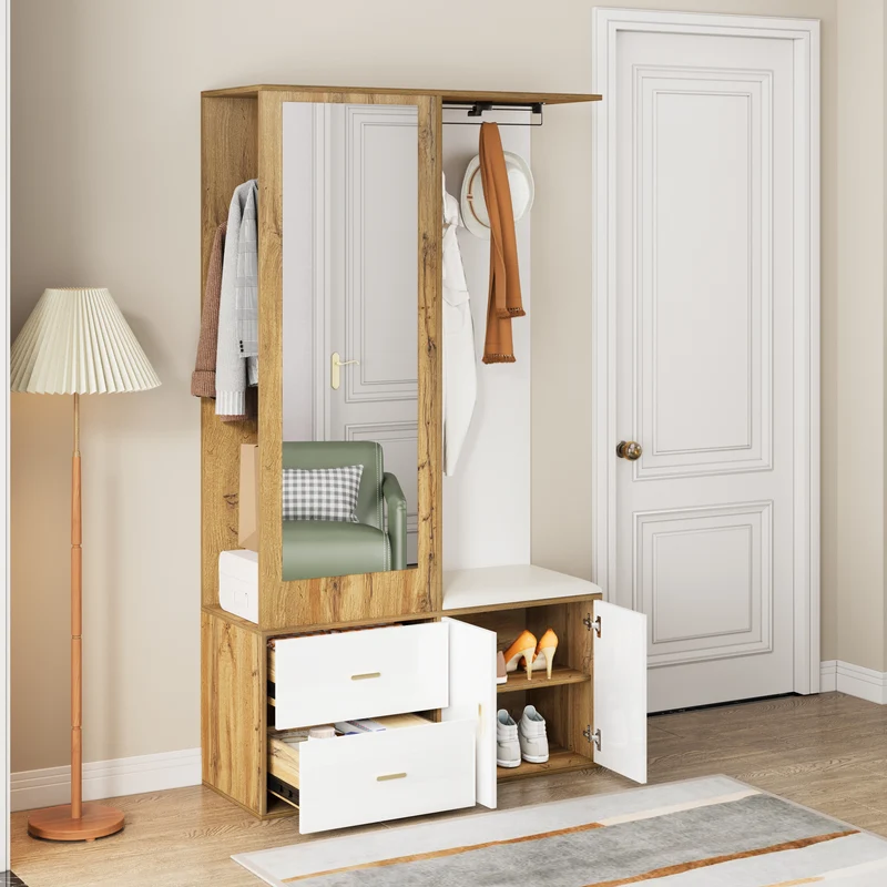 Vestiaires à l'entrée effet bois et blanc combiné avec miroir, 2 tiroirs, 2 portes et banc d'assise BAPHRES