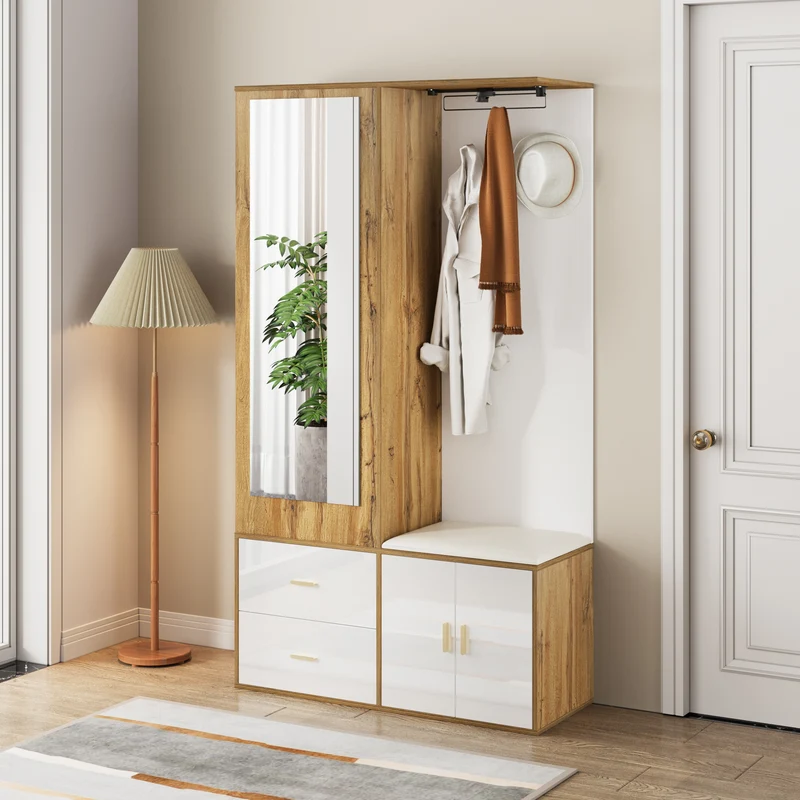 Vestiaires à l'entrée effet bois et blanc combiné avec miroir, 2 tiroirs, 2 portes et banc d'assise BAPHRES