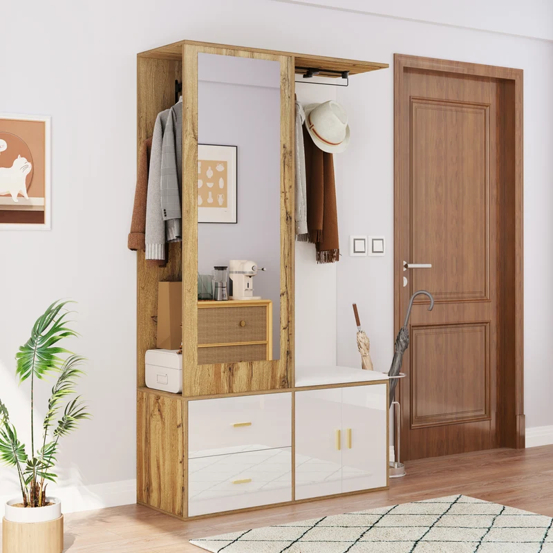 Vestiaires à l'entrée effet bois et blanc combiné avec miroir, 2 tiroirs, 2 portes et banc d'assise BAPHRES