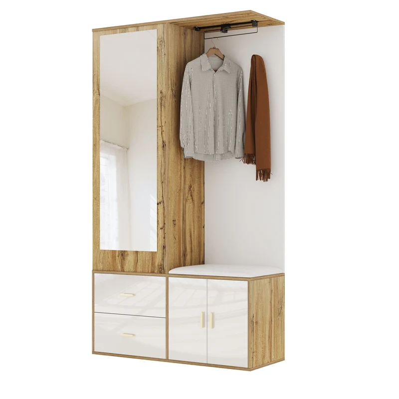 Vestiaires à l'entrée effet bois et blanc combiné avec miroir, 2 tiroirs, 2 portes et banc d'assise BAPHRES